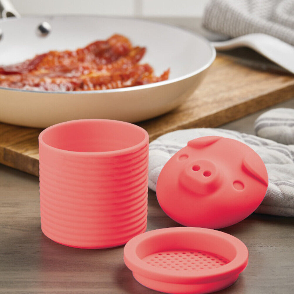 US 2-4 Pig Bacon Grease Container Silicone Bin Oil Mesh Strainer Holder Storage