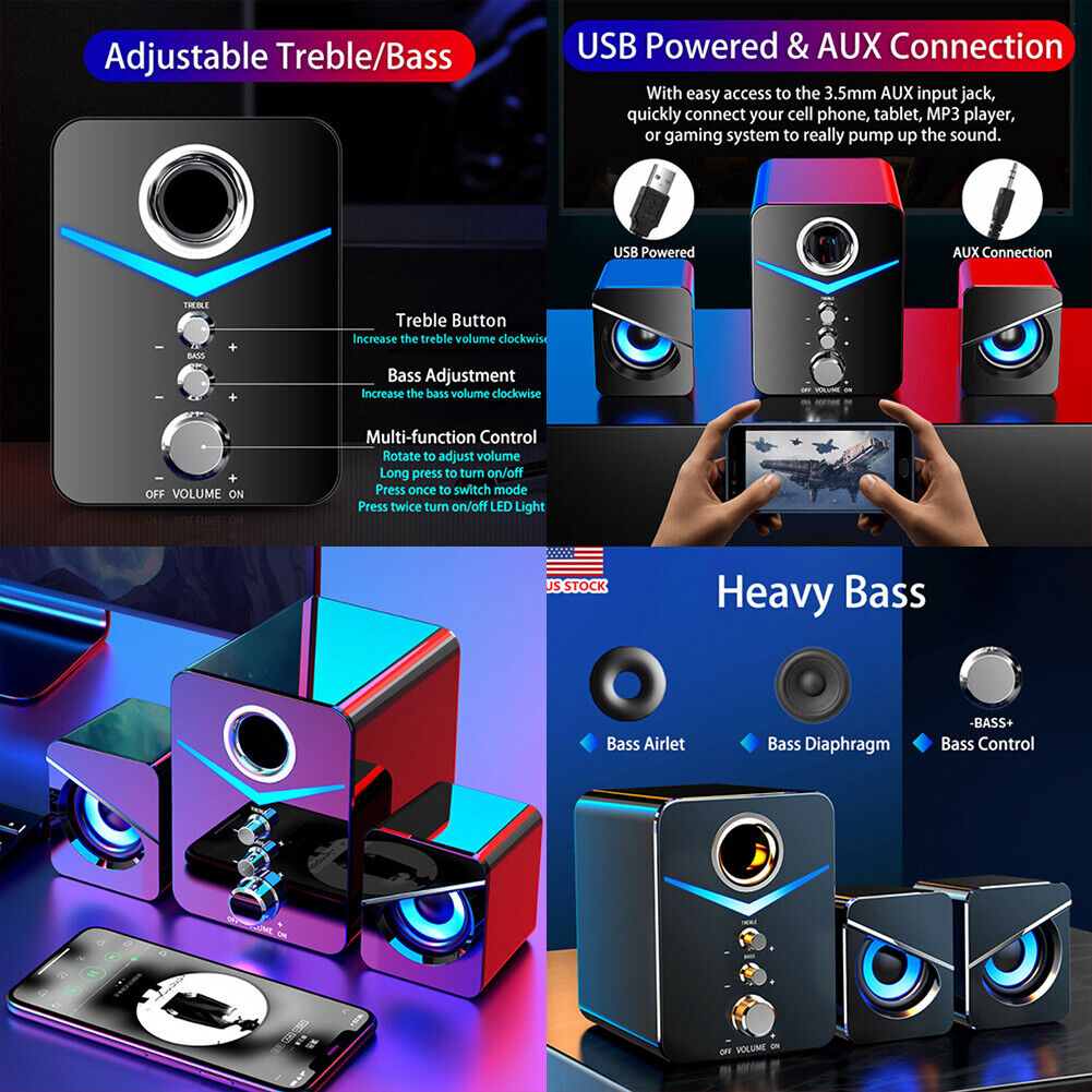 US 1-2 Pcs USB Computer LED Speakers Subwoofer Bass Control Desktop Laptop PC