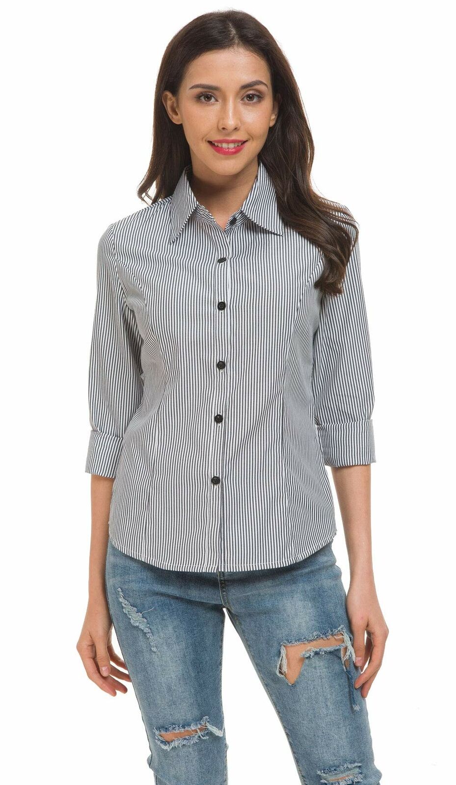 Women's Basic Tailored Vertical Stripes Button Down Shirt Long Sleeve Blouse