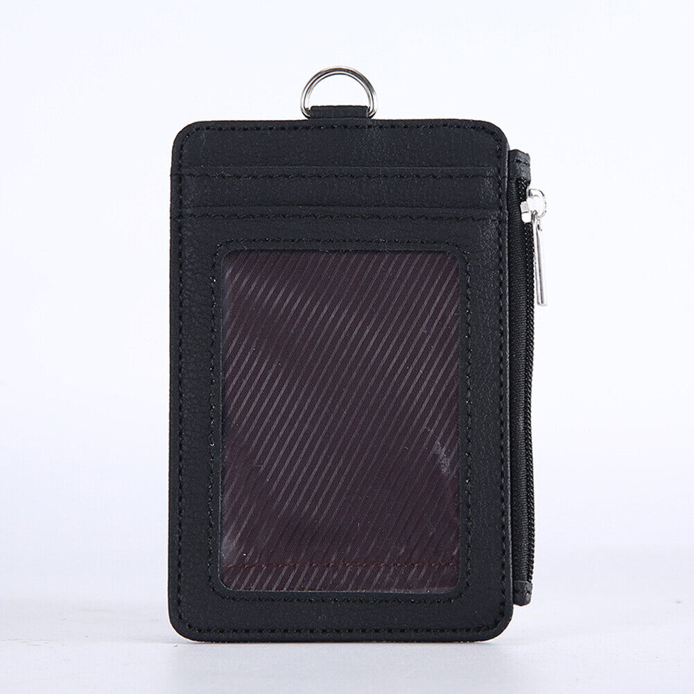 US 2-4 Pcs Badge Holder Zipper Leather ID Card Holder Wallet Pocket Neck Lanyard