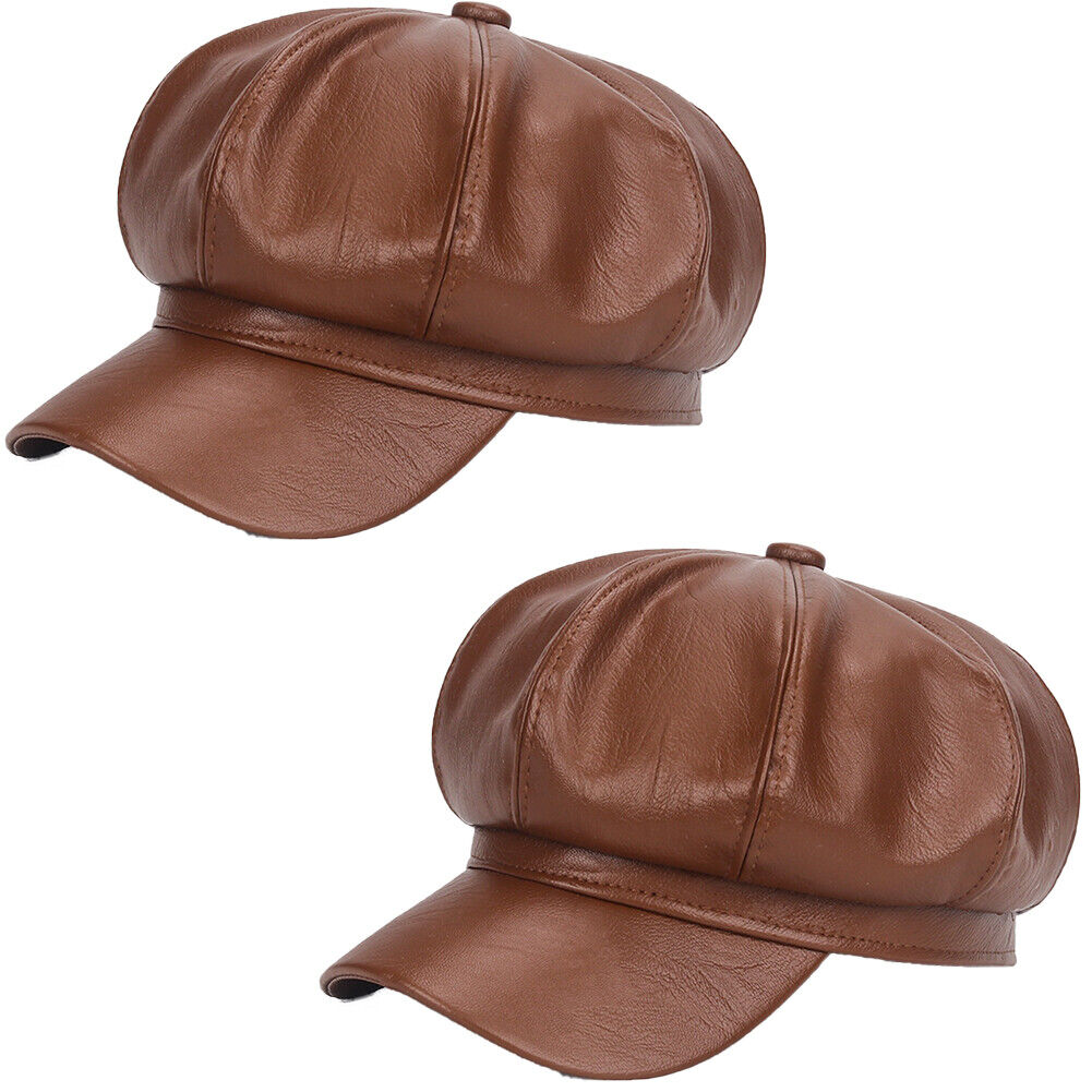 US 1-2Pc Women's PU Leather Plain Fineboy Cap Cabbie Visor Painter Hat Beret Hat