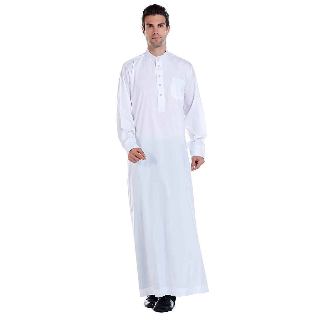 Men Arabic Long Sleeve PureColor Thobe Crew Stand Collar Kaftan Robe with Button