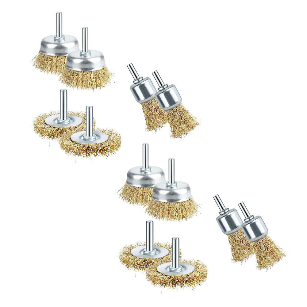 US 6-12 Pcs Brass Wheel Cup Wire Brush Drill Bit Set Rust Paint Attachment 1/4"