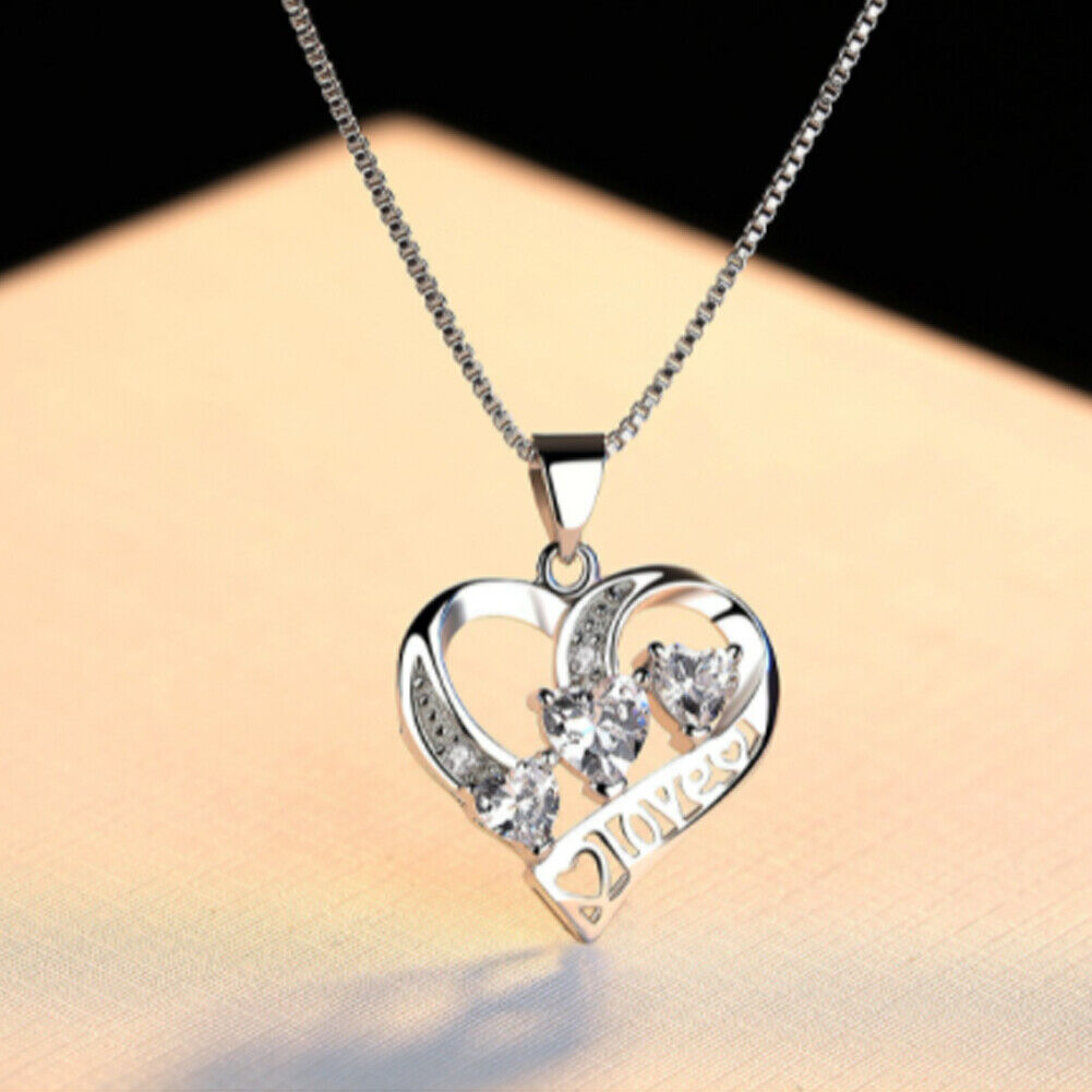 US1-2Pc 925 Sterling Silver Infinity Love Heart Cubic Zirconia Pendant Necklace