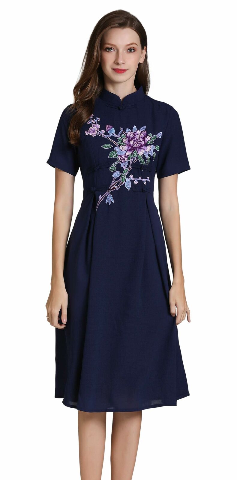 Women's Short Sleeve Mexican Embroidered Floral Pleated A-line Cocktail Dress