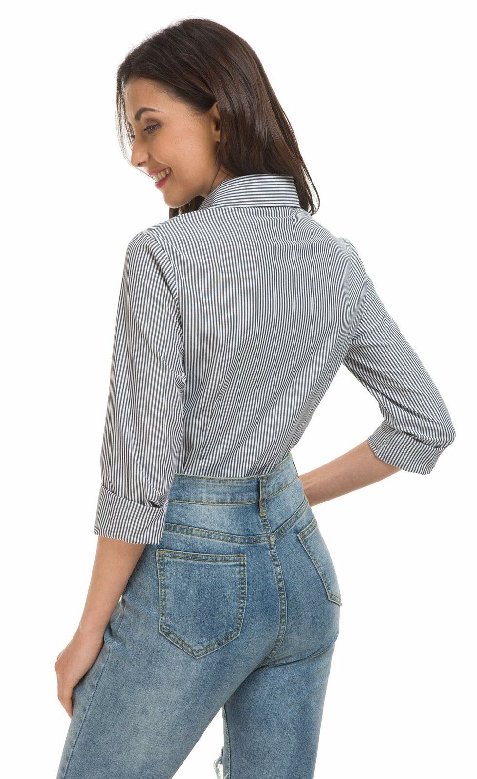 Women's Basic Tailored Vertical Stripes Button Down Shirt Long Sleeve Blouse