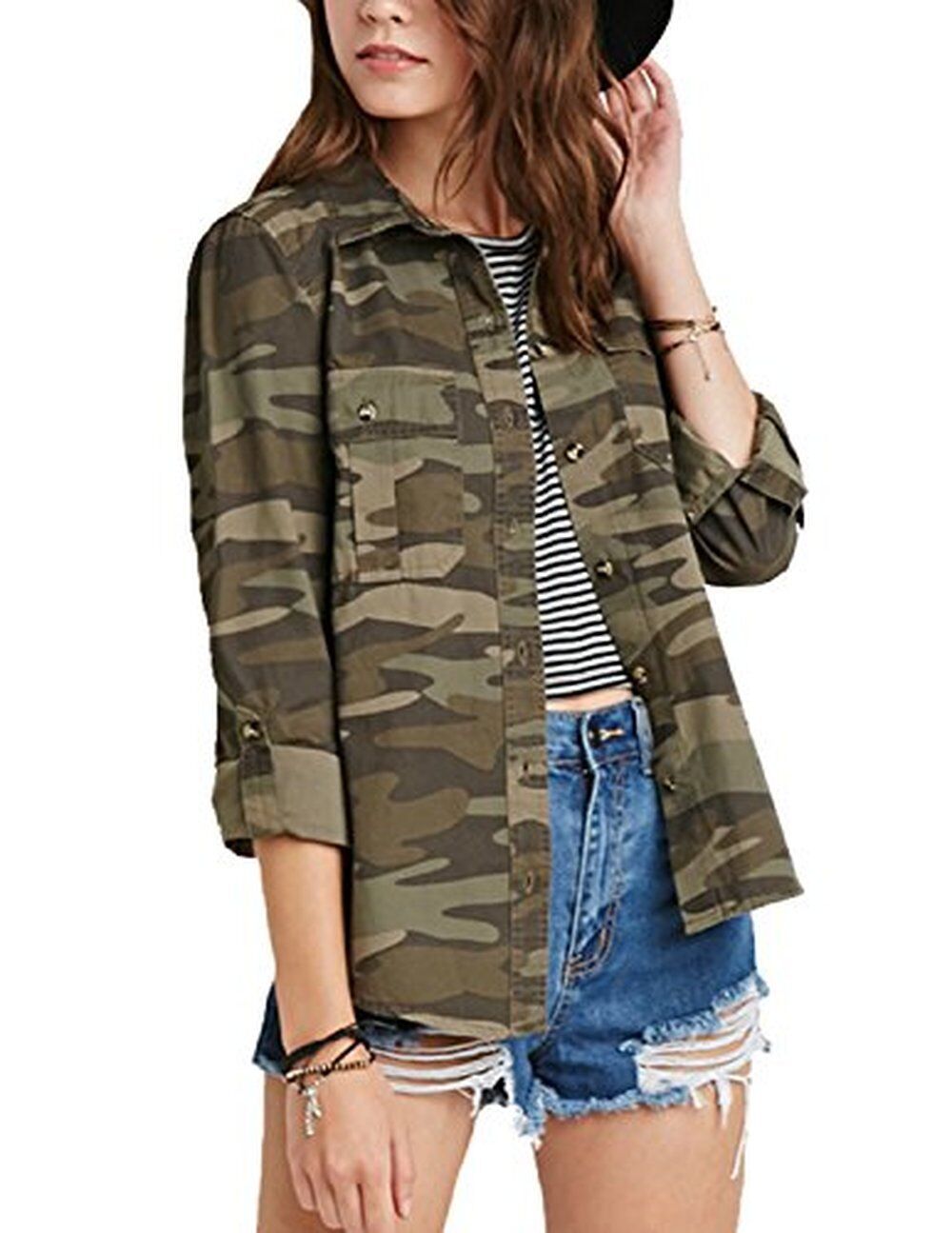 HaoDuoYi Women Casual Military Camouflage Lightweight Button Tops Shirt