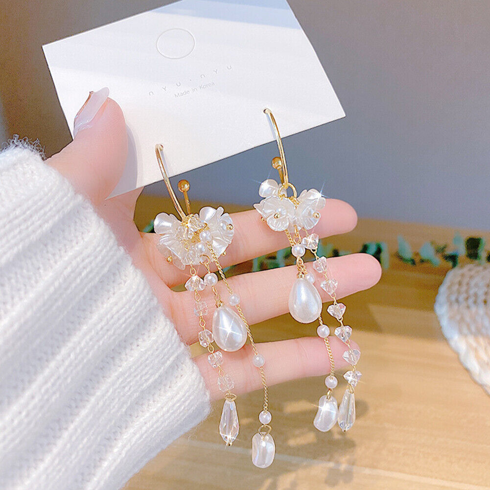 US 1~2 Pairs Floral Pearl Crystal Tassel Lily of the Valley Dangle Drop Earring