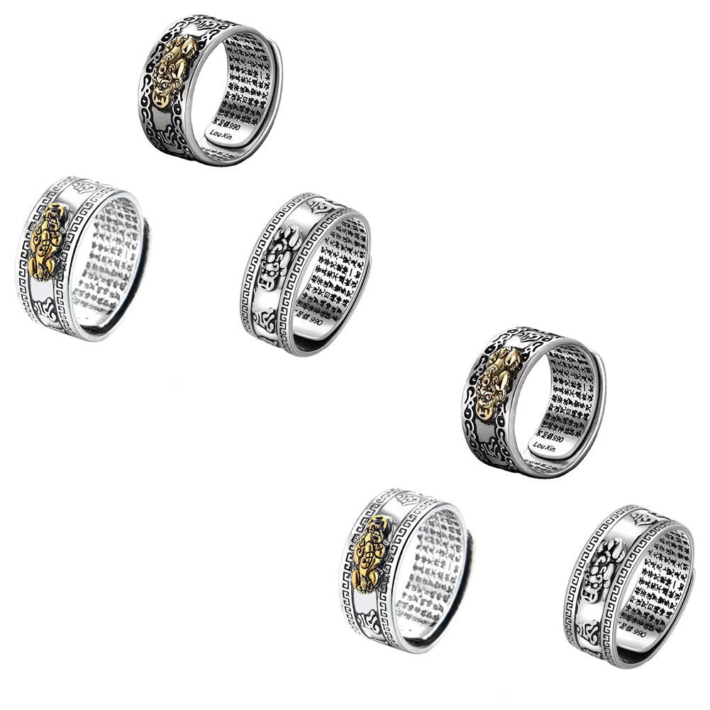 US 3-6 Pack Feng Shui Pixiu Mani Mantra Adjustable Ring Wealth Ring Lucky