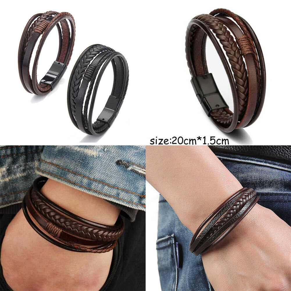 US 2-4 Pc Multi Layer Braided Leather Bracelet Adjustable Stainless Steel Clasp