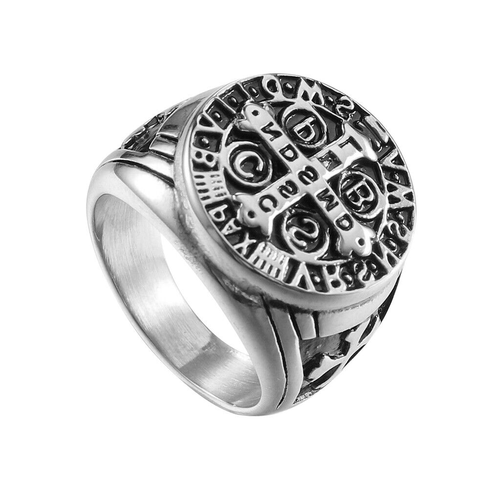 US St Benedict Exorcism Ring Silver Stainless Steel Catholic Roman Cross Demon