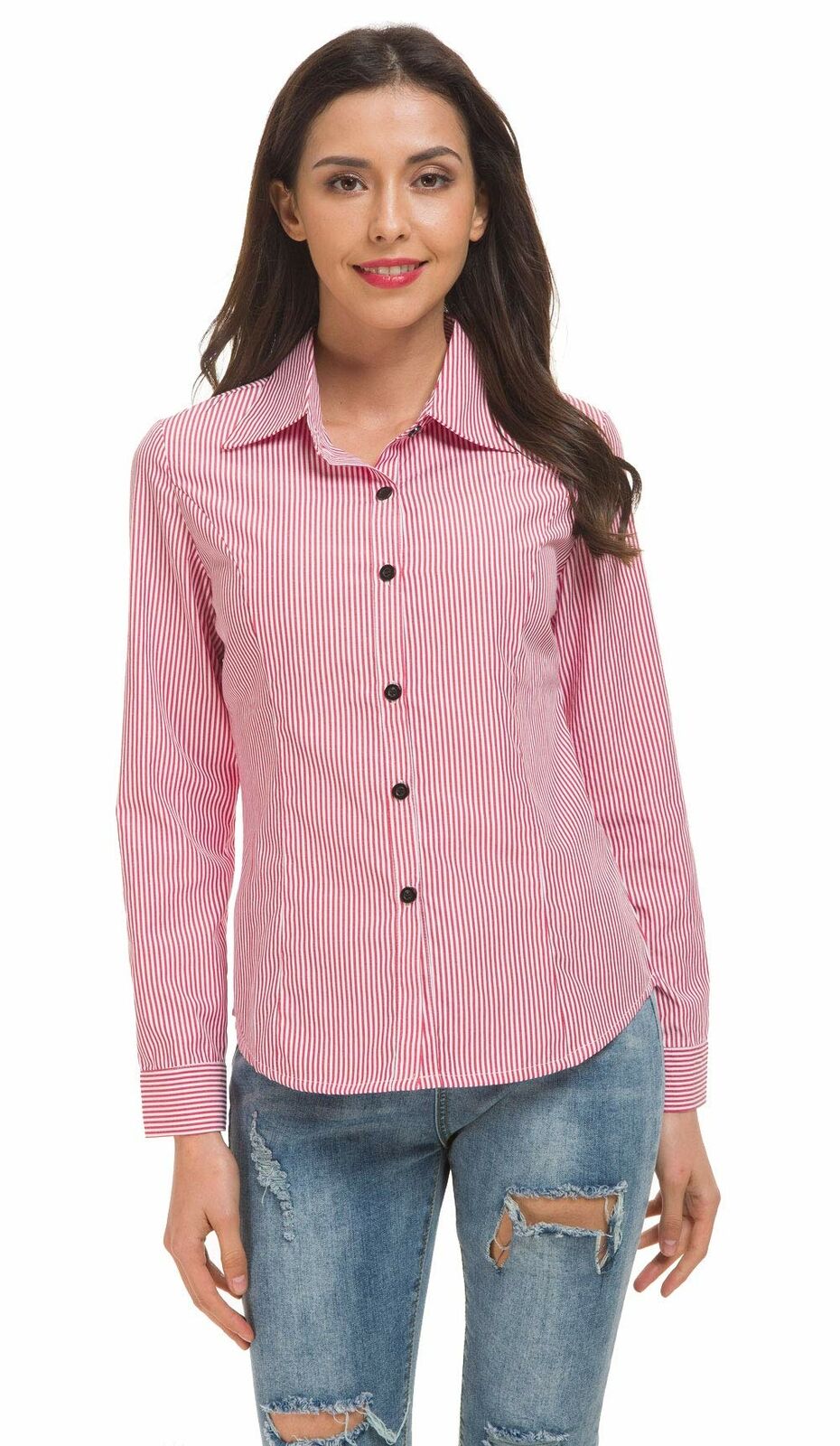 Women's Basic Tailored Vertical Stripes Button Down Shirt Long Sleeve Blouse