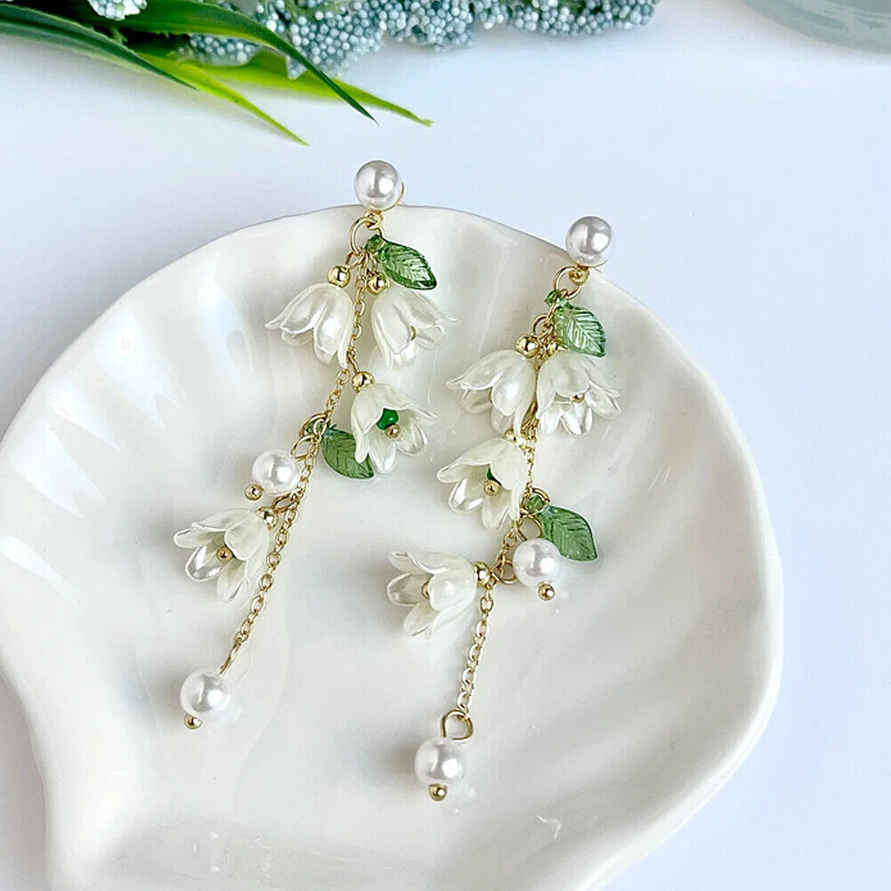 US White Fairy Flower Earrings Lily of the Valley w/ Pearl Long Tassel Earrings