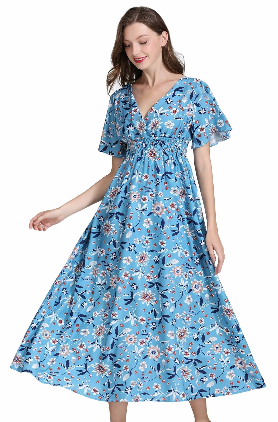 Women's Short Sleeve V-Neck Floral Print Midi Summer Beach Dress