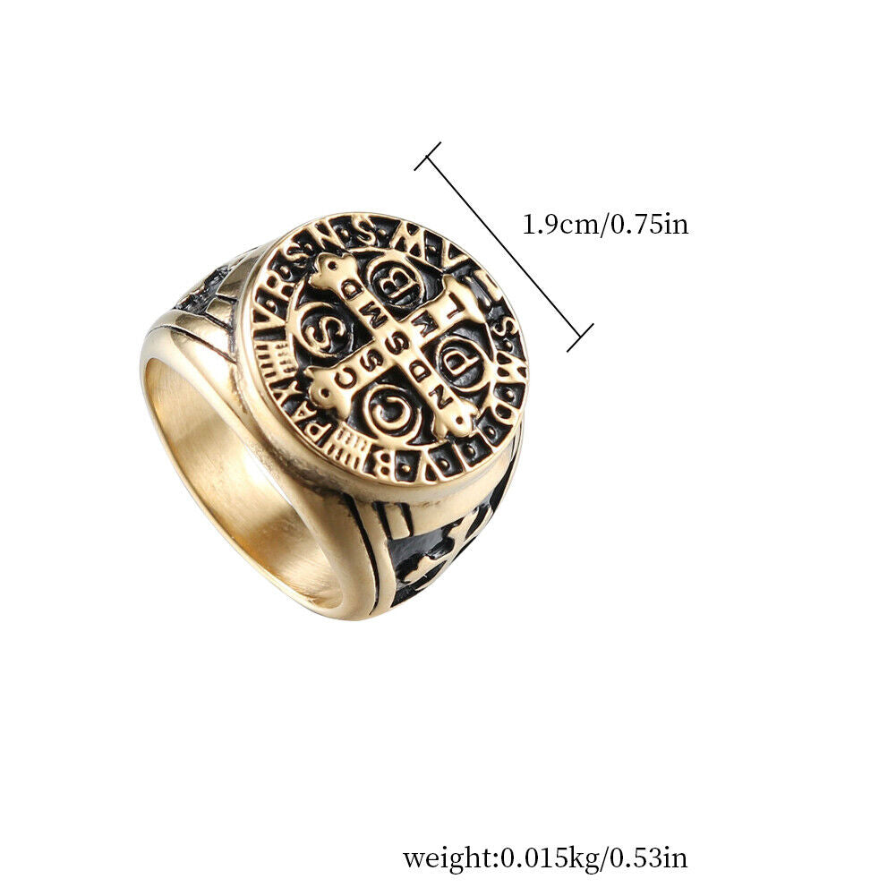 US St Benedict Exorcism Ring Silver Stainless Steel Catholic Roman Cross Demon