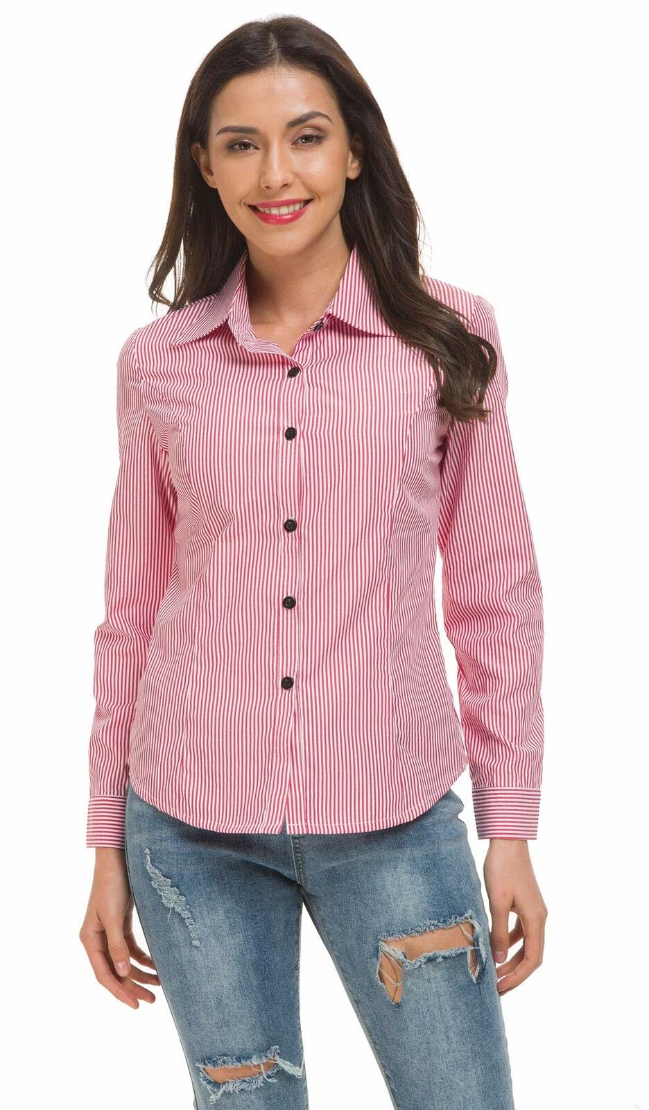 Women's Basic Tailored Vertical Stripes Button Down Shirt Long Sleeve Blouse