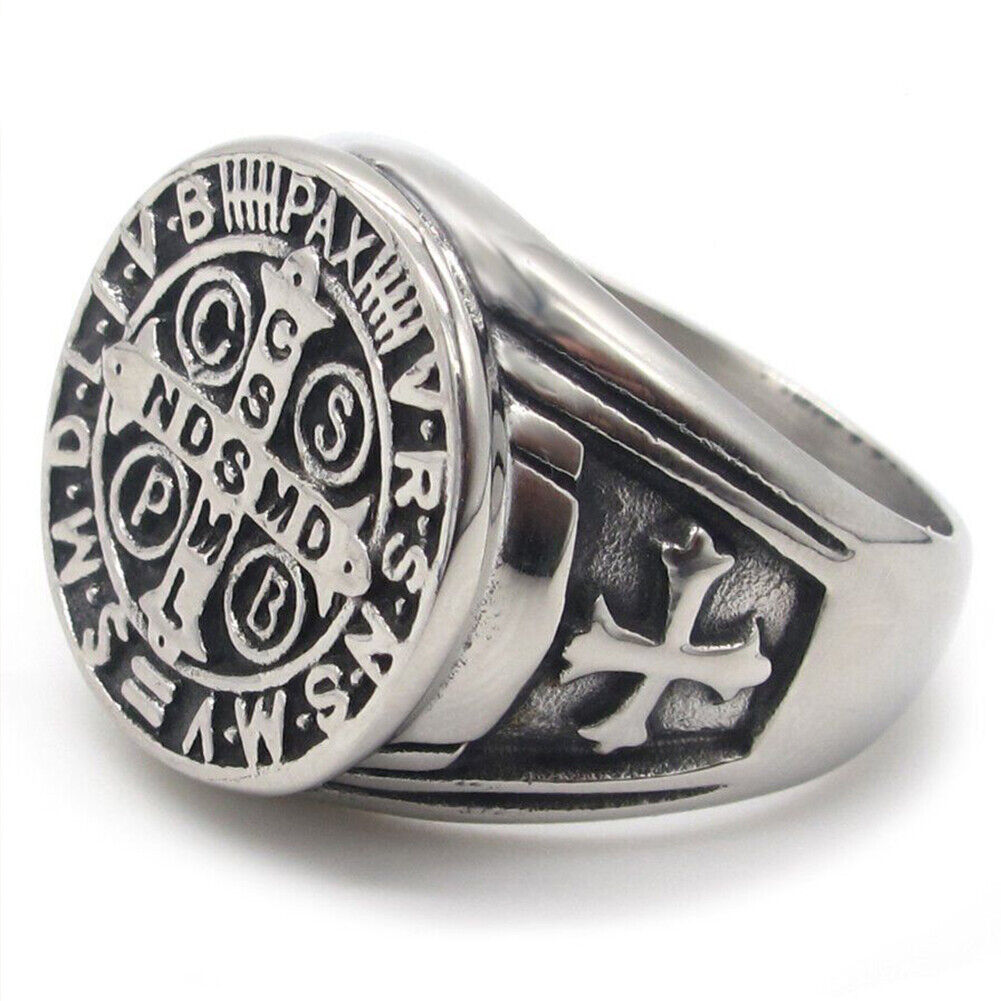 US St Benedict Exorcism Ring Silver Stainless Steel Catholic Roman Cross Demon