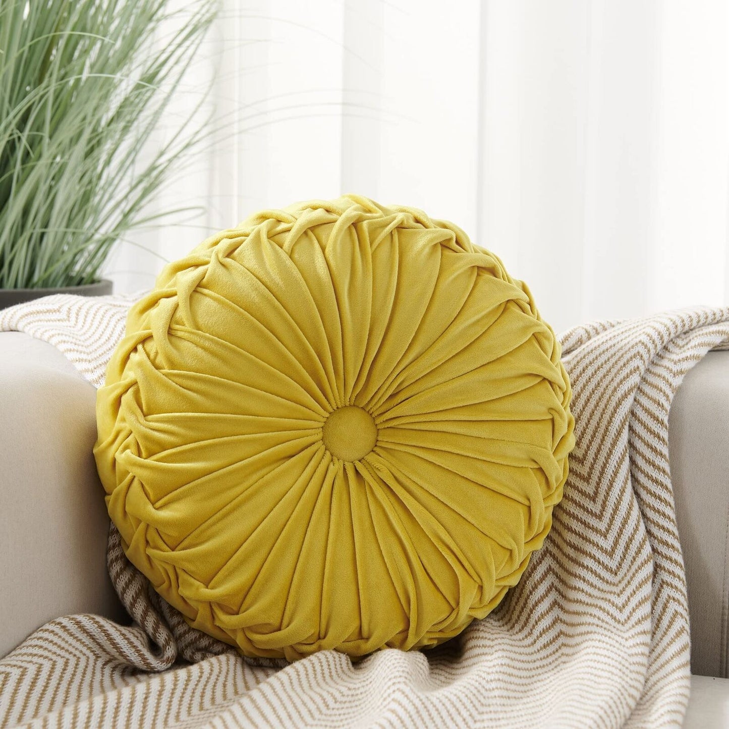 Round Throw Pillow Round Velvet Pillow Pleated Round Filled Pillow