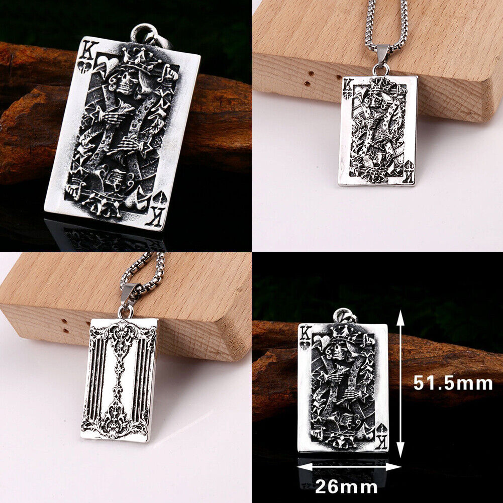 US 1-2 Pcs Gothic Retro Skull Lucky King Heart Poker Card Pendant Necklace Chain