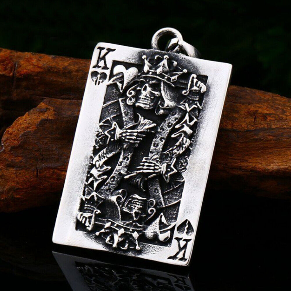 US 1-2 Pcs Gothic Retro Skull Lucky King Heart Poker Card Pendant Necklace Chain