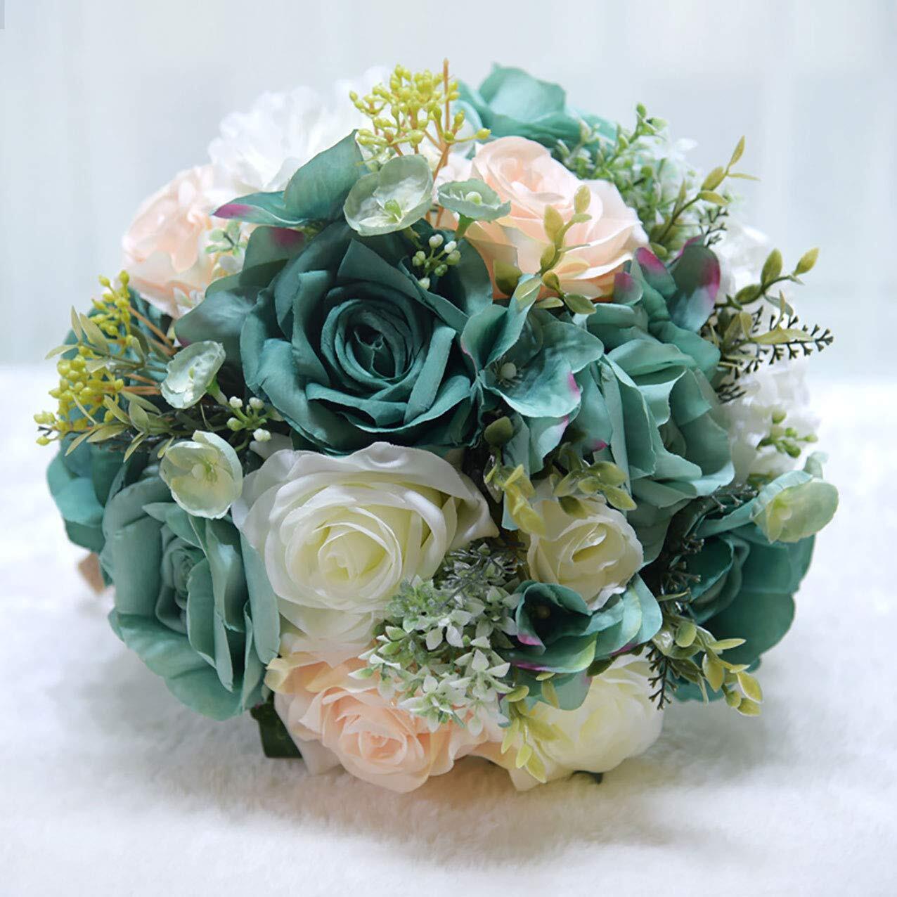 Bridal Holding Wedding Bouquet Real-Looking Mixed Flowers Ivory Greeneryet