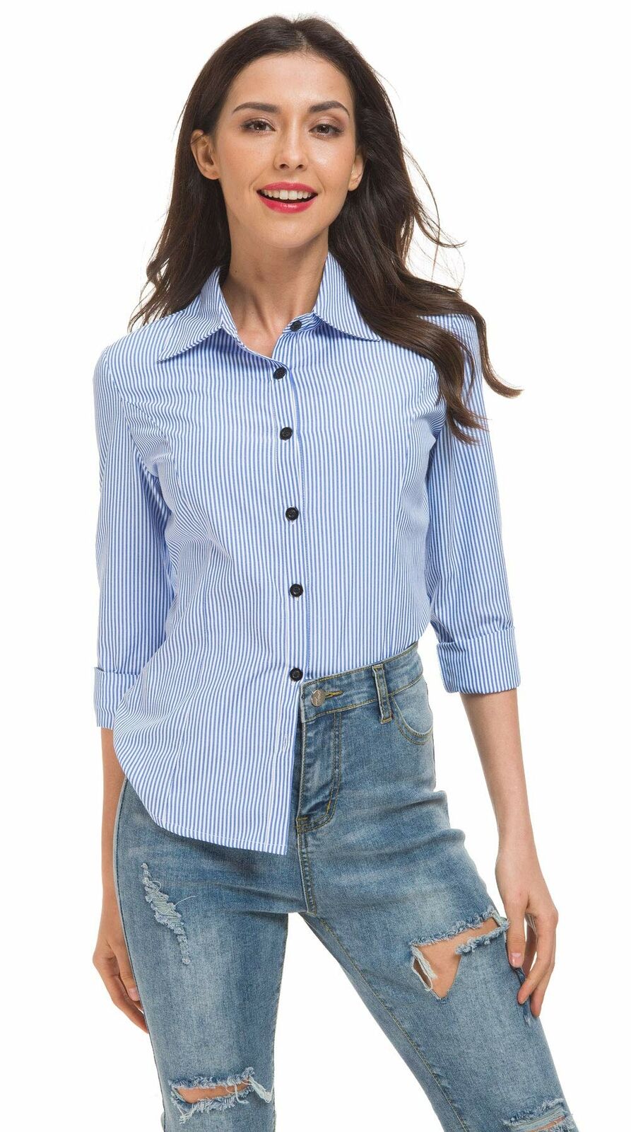 Women's Basic Tailored Vertical Stripes Button Down Shirt Long Sleeve Blouse