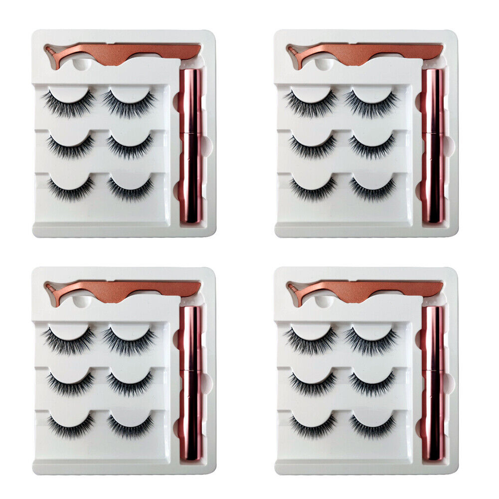 US 6 Pairs Magnetic Eyelashes Set Eyeliner Tweezer Kit False Mink Lashes Black