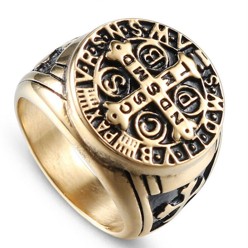 US St Benedict Exorcism Ring Silver Stainless Steel Catholic Roman Cross Demon