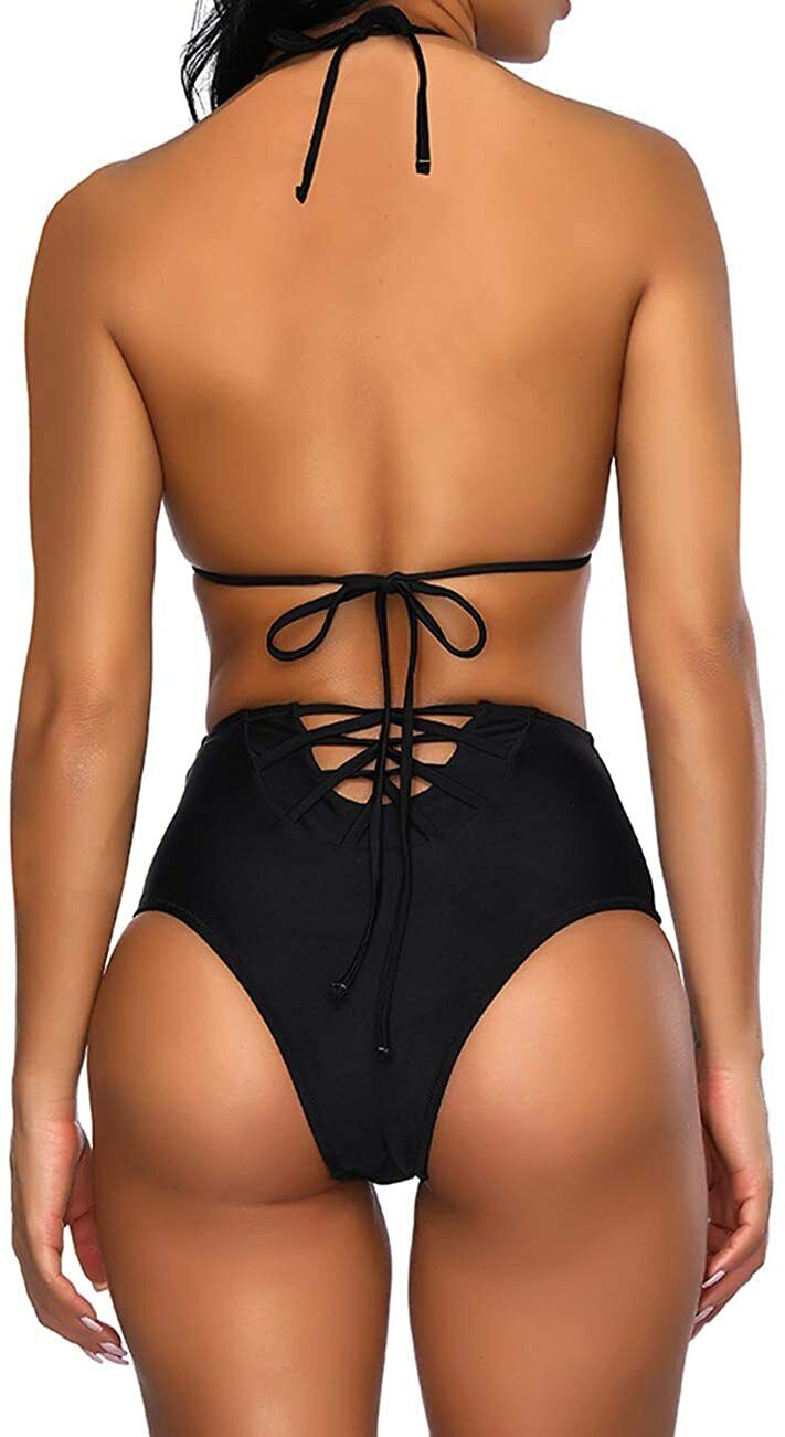 FeelinGirl Women's Stripe Padded Push up High Waist Bikini Halter Strap Swimsuit