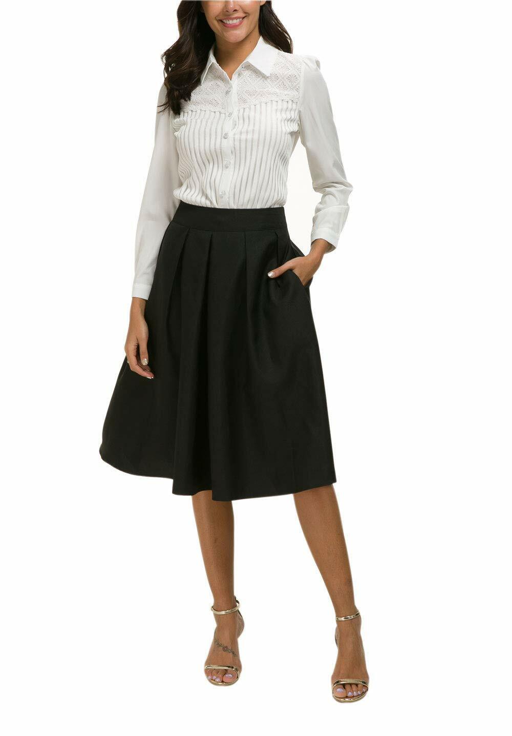 Women High Waist A-line Skater Flared Midi Skirt with Pocket