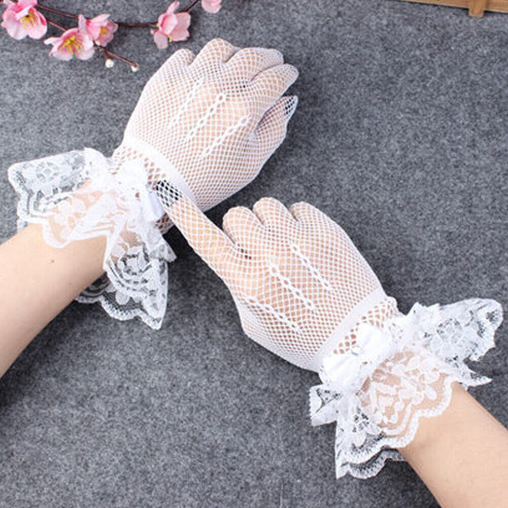 US 1~2 Pairs Ribbon Knot Short Lace Mesh Gloves Prom Bridal Wedding Party Events