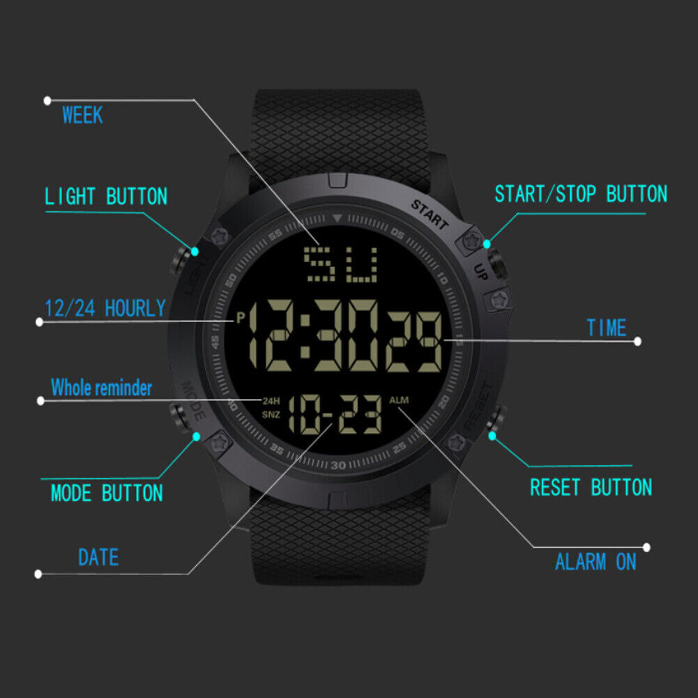 US 1-2 Pc Large Dial Stopwatch Sport Mens Watches LED Light Digital Wristwatches