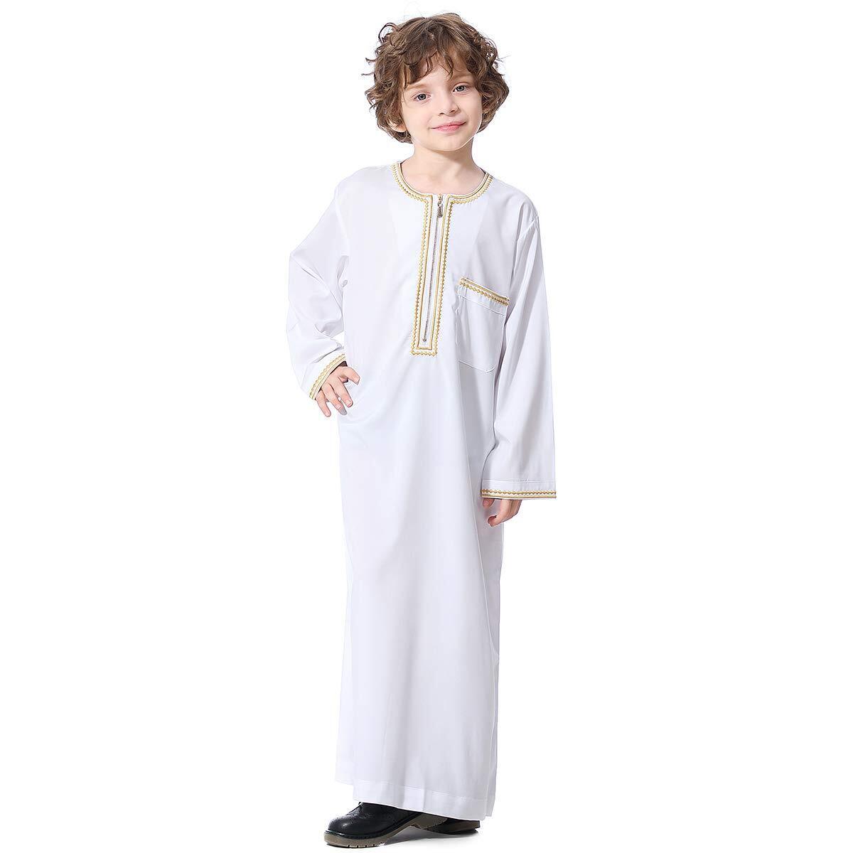 Arabic Thobe Muslim Thobe Kaftan Stand Collar Robe with Botton for Boy