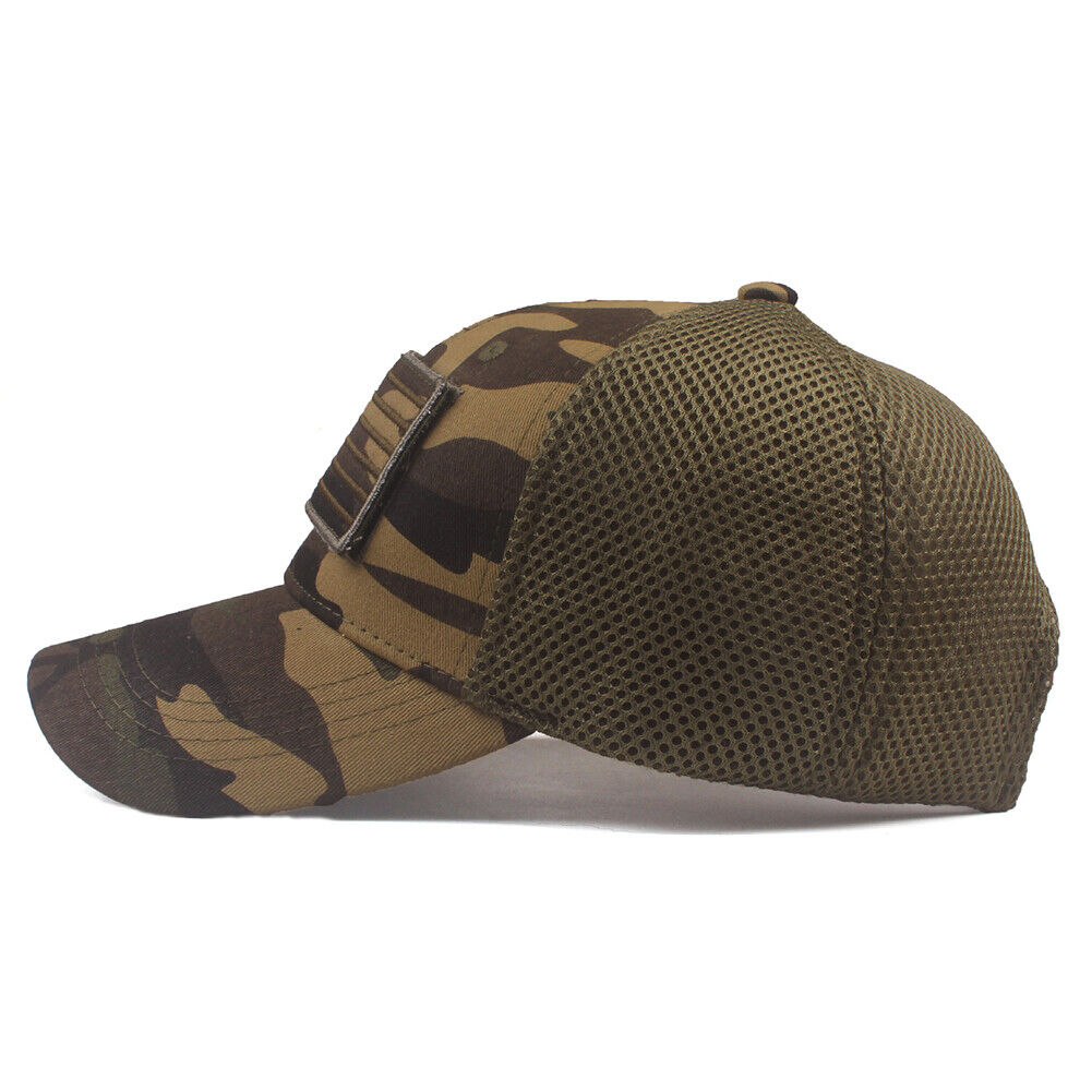 US 1-2 American Flag Hat Tactical Army Detachable Patch Mesh Camo Baseball Cap