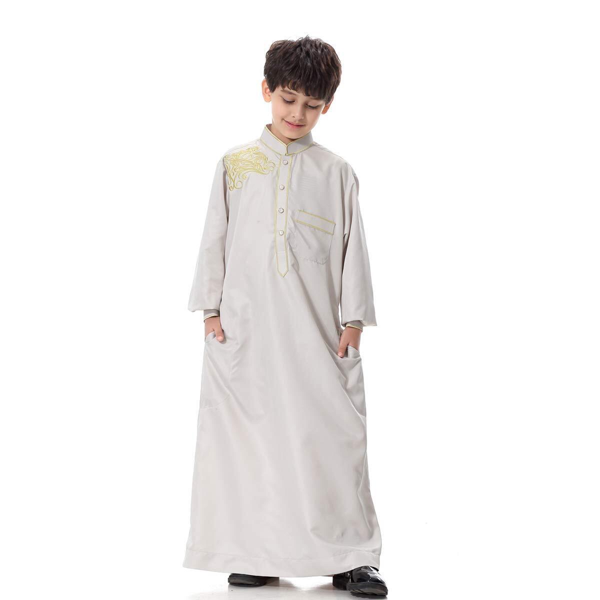 Arabic Thobe Muslim Thobe Kaftan Stand Collar Robe with Botton for Boy