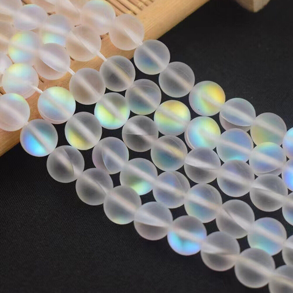US 1-2 Pc Clear Mystic Mermaid Glass Matte Round Beads 6mm 8mm 10mm 15.5" Strand