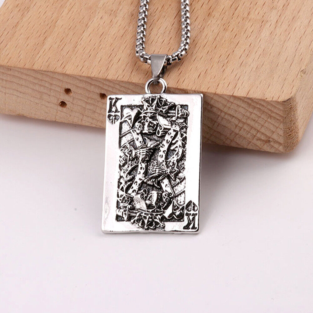 US 1-2 Pcs Gothic Retro Skull Lucky King Heart Poker Card Pendant Necklace Chain