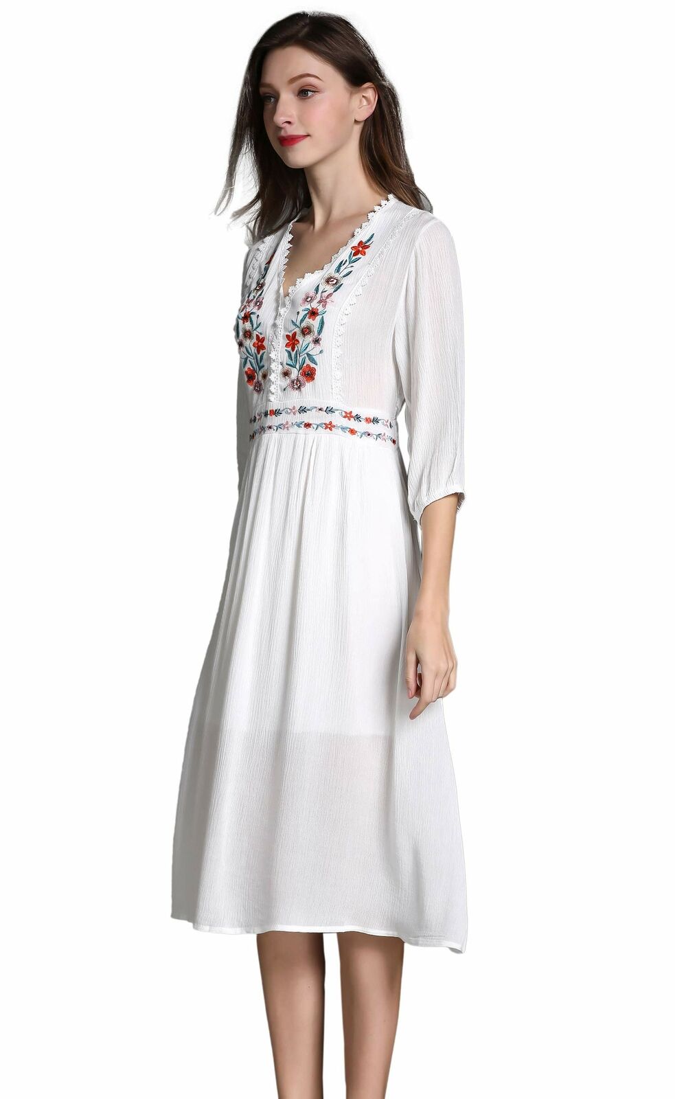 Women's Short Sleeve Mexican Embroidered Floral Pleated A-line Cocktail Dress