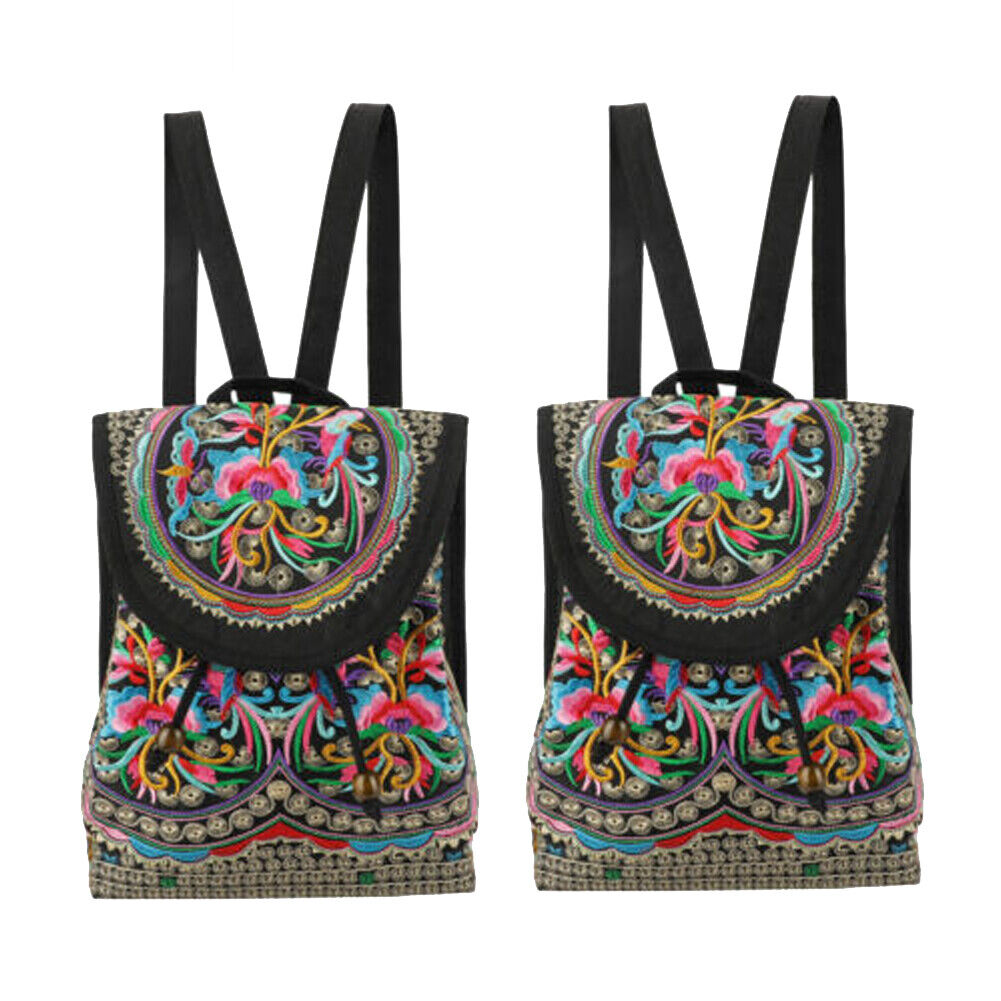 US 1-2 Pcs Vintage Embroidered Women Backpack Shoulder Rucksack Small Travel Bag