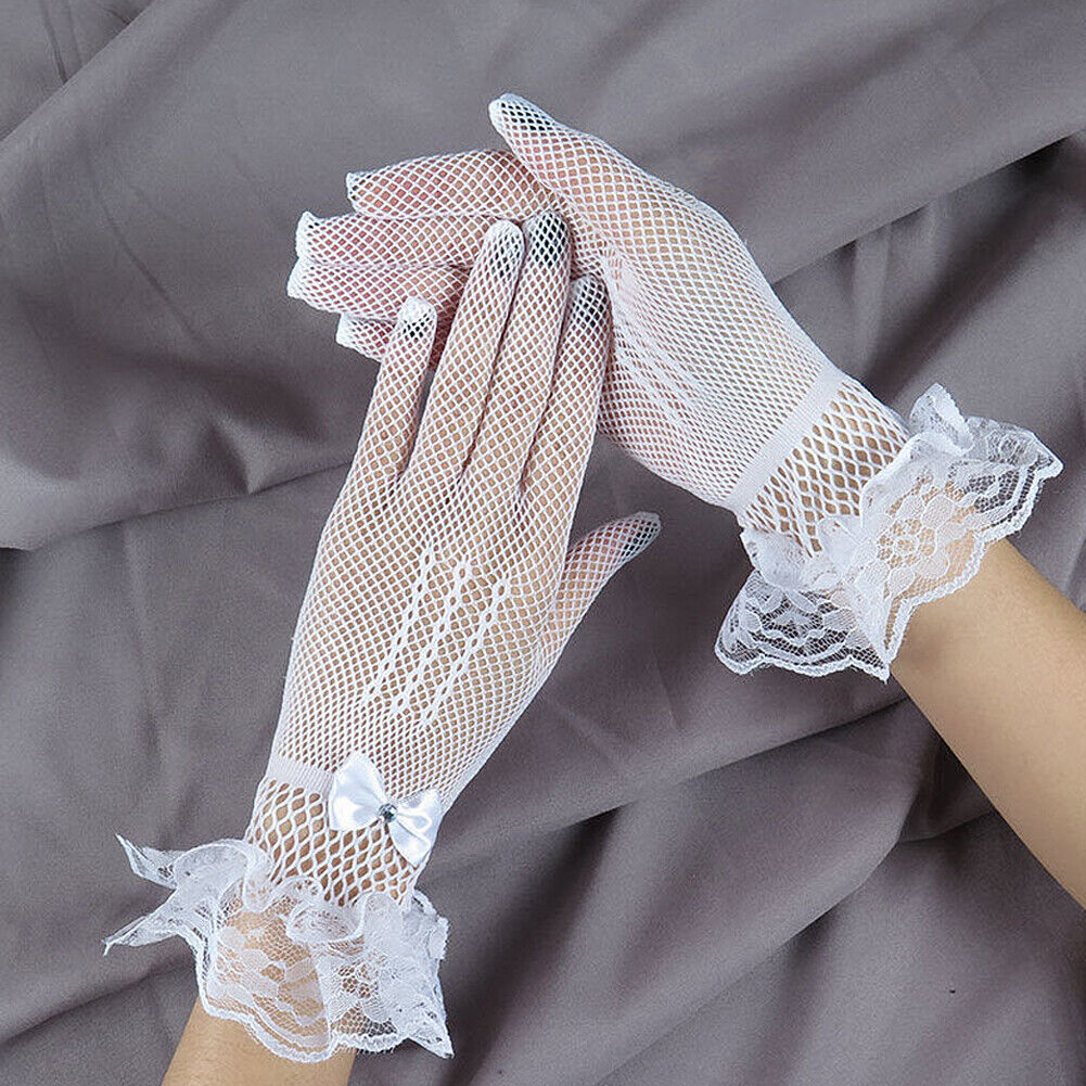 US 1~2 Pairs Ribbon Knot Short Lace Mesh Gloves Prom Bridal Wedding Party Events
