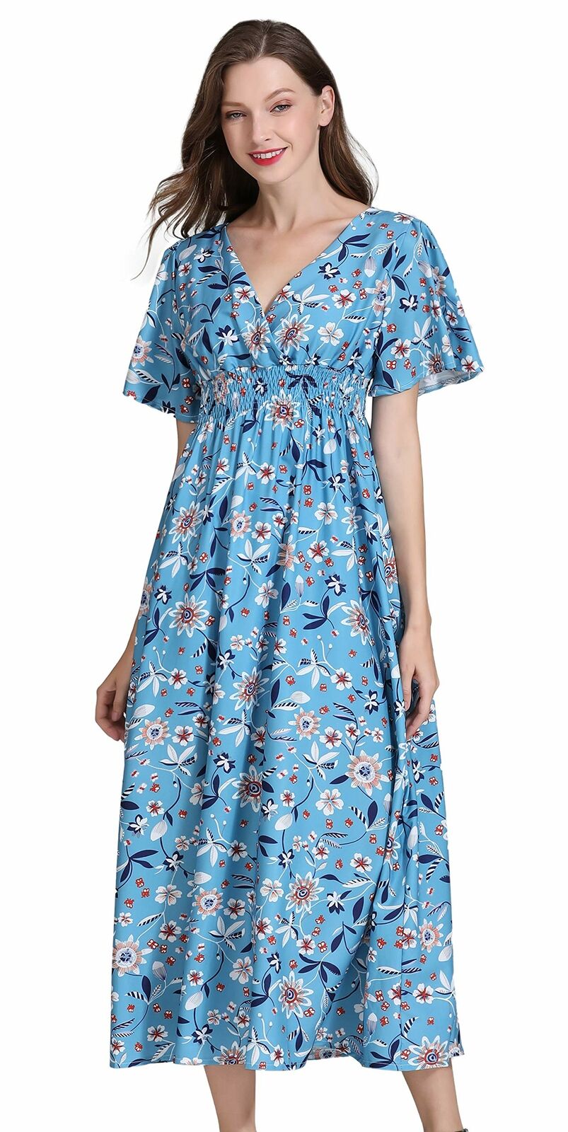 Women's Short Sleeve V-Neck Floral Print Midi Summer Beach Dress