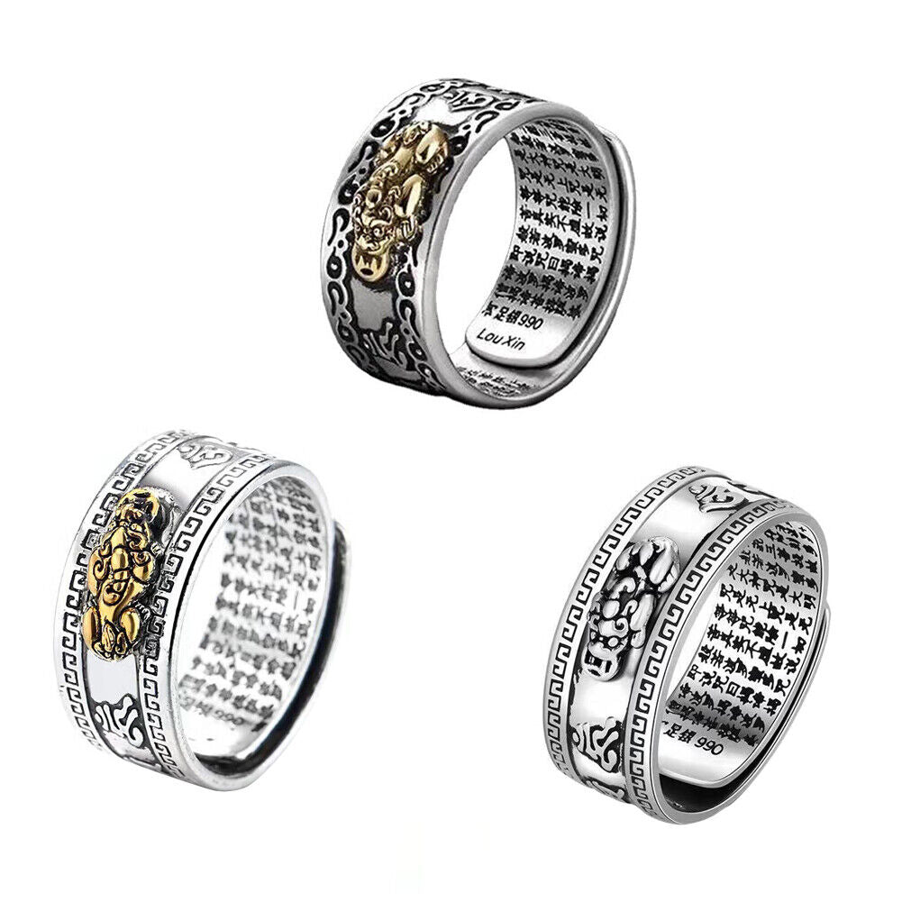 US 3-6 Pack Feng Shui Pixiu Mani Mantra Adjustable Ring Wealth Ring Lucky