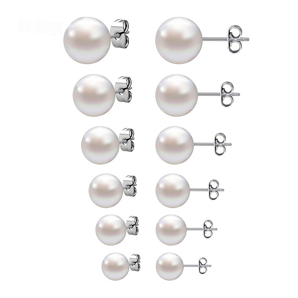 US 6-12 Pairs Faux Pearl Stud Earrings Set Silver Stainless Steel Hypoallergenic