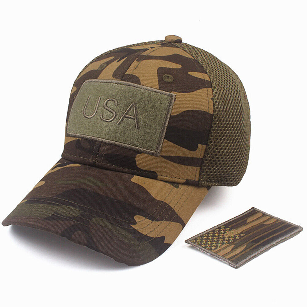 US 1-2 American Flag Hat Tactical Army Detachable Patch Mesh Camo Baseball Cap