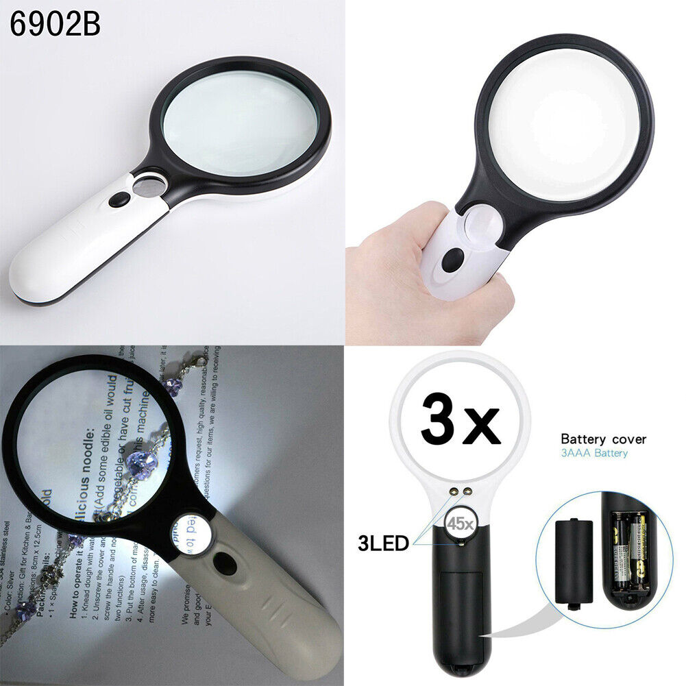US 2-4 Pc 3-LED Light Magnifier Jewelry Loupe Lens 45X Handheld Magnifying Glass