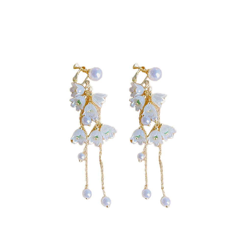 US White Fairy Flower Earrings Lily of the Valley w/ Pearl Long Tassel Earrings