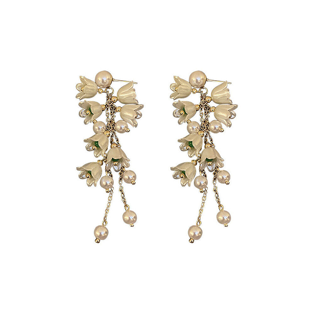 US White Fairy Flower Earrings Lily of the Valley w/ Pearl Long Tassel Earrings
