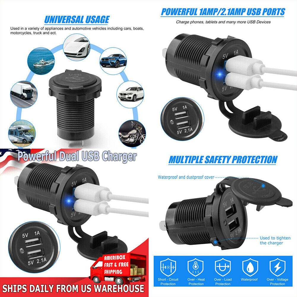 US 2-4 Pcs USB Dual Port Car Phone Quick Charger Socket Adapter Power Outlet 12V
