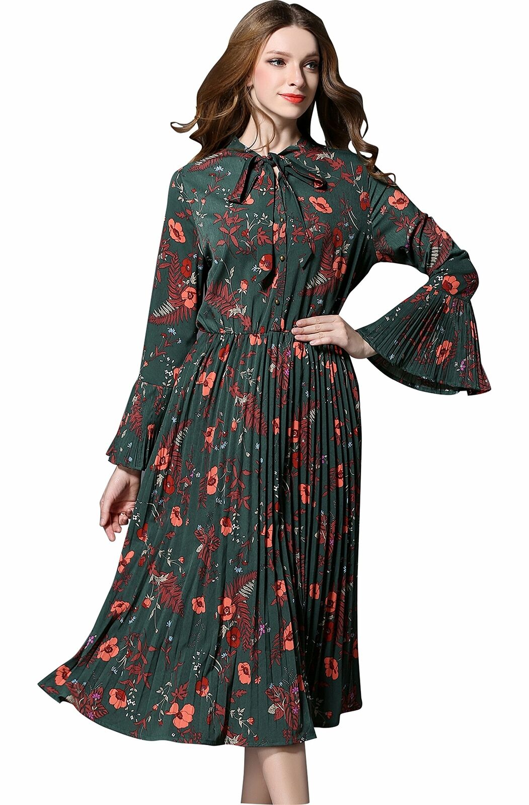 Women's Vintage Floral Printed Lotus Sleeves Elastic Waist Cocktail Dress