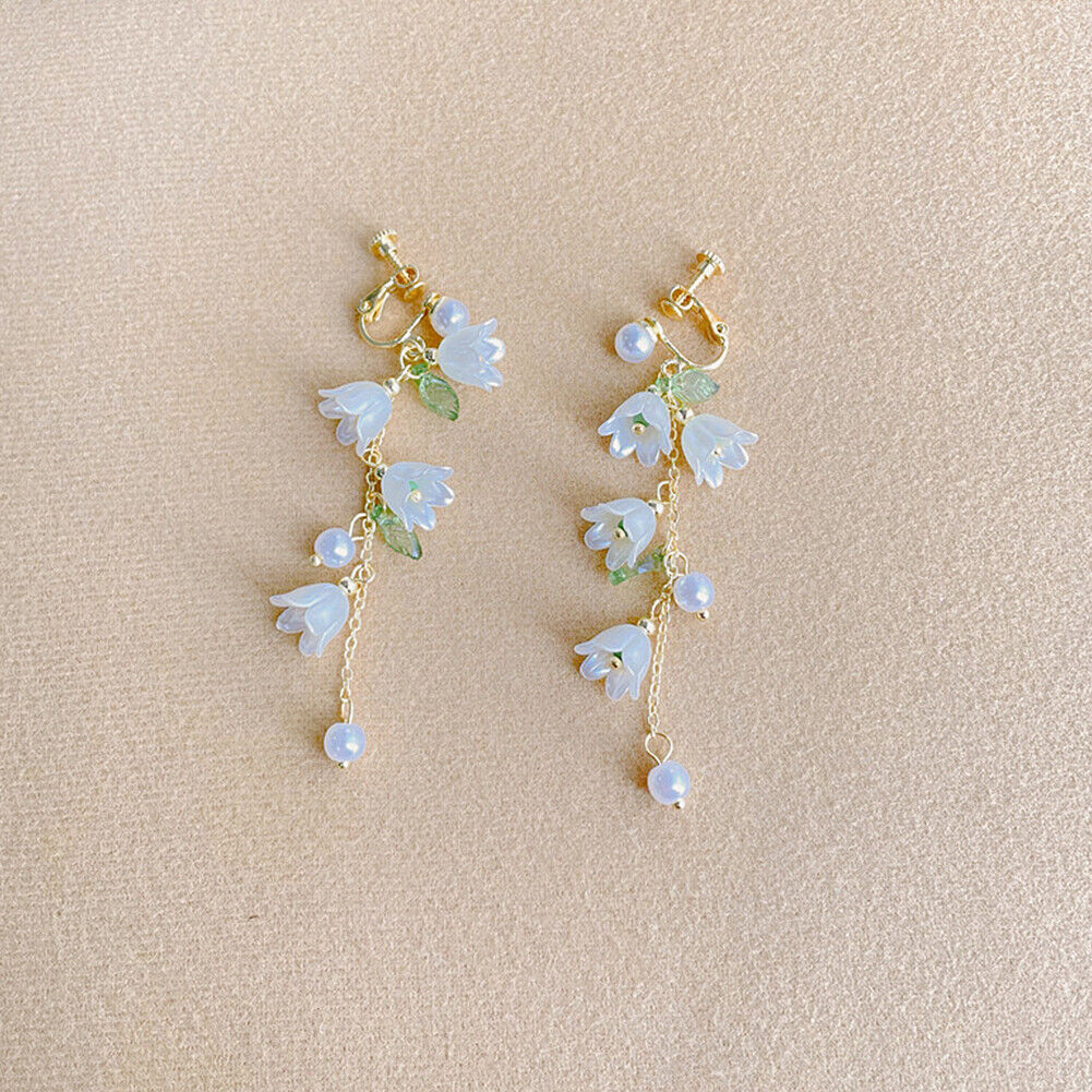 US White Fairy Flower Earrings Lily of the Valley w/ Pearl Long Tassel Earrings